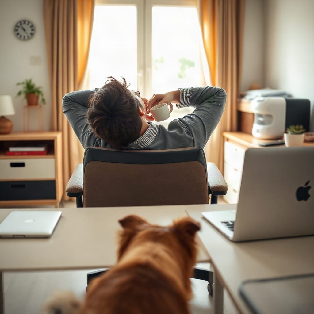A freelancer relaxing at a sunlit home desk with a cup of tea, a laptop facing away, and a dog lying nearby.