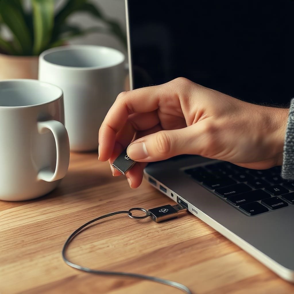 A hand plugs a small security key into the USB port on the side of a laptop.
