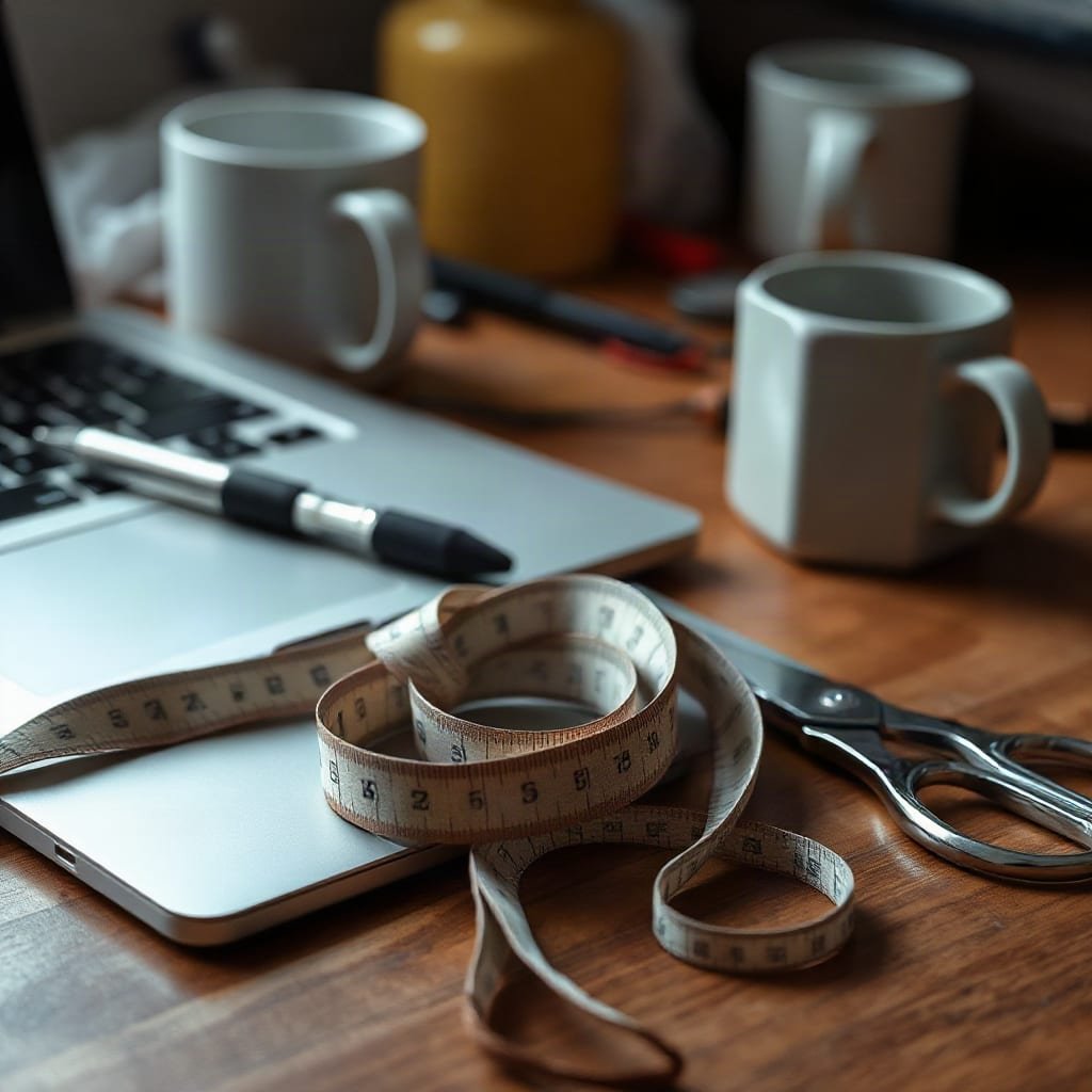 A measuring tape coiled beside scissors on a wooden workbench.