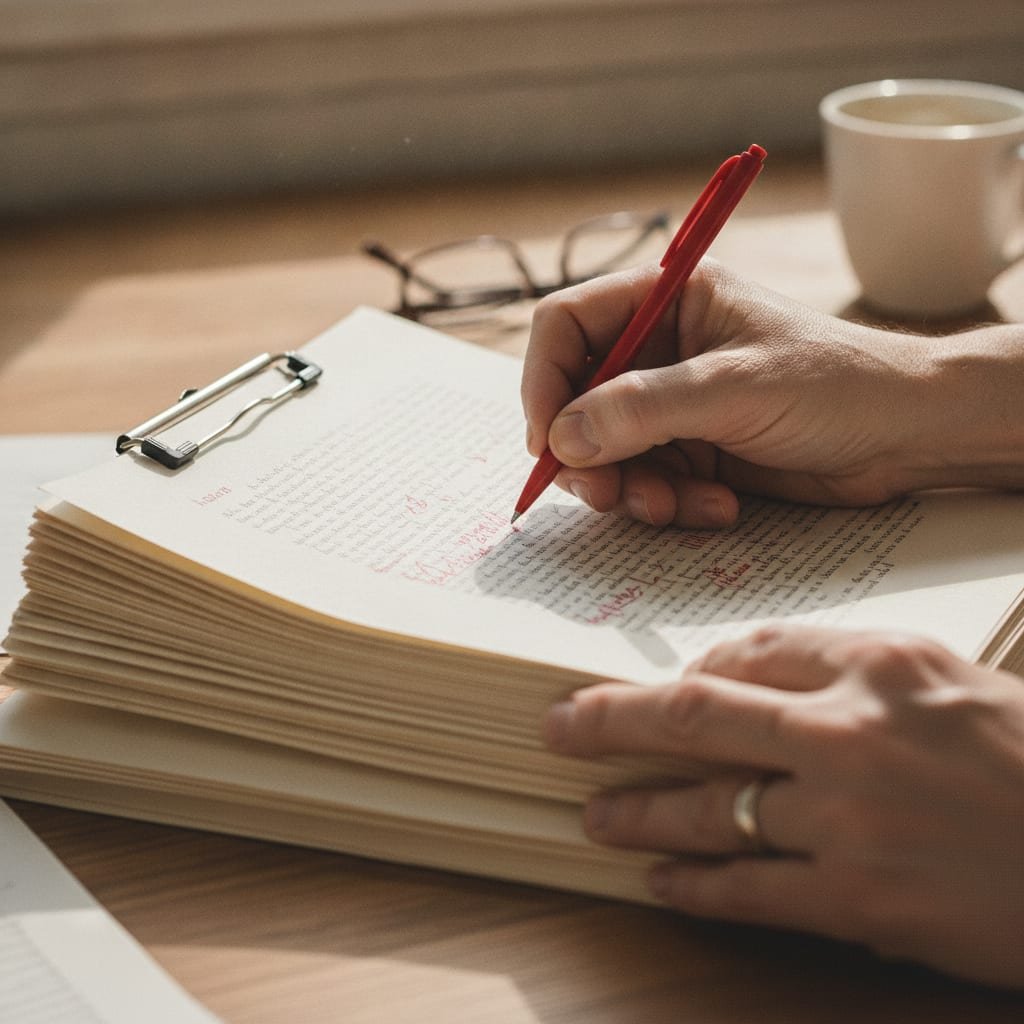 A pair of hands uses a red pen to mark corrections on a thick stack of printed pages.