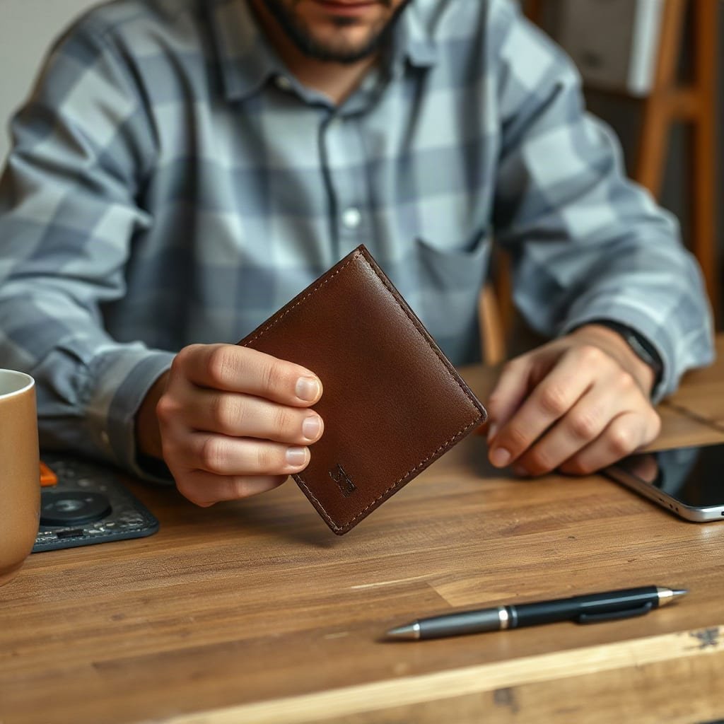 A person closely inspects the stitching on a leather wallet at a wooden worktable.