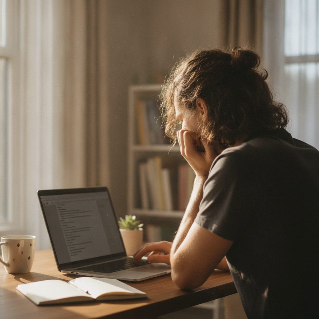 A person leaning toward a laptop with a hand on their chin, concentrating, the screen facing away.