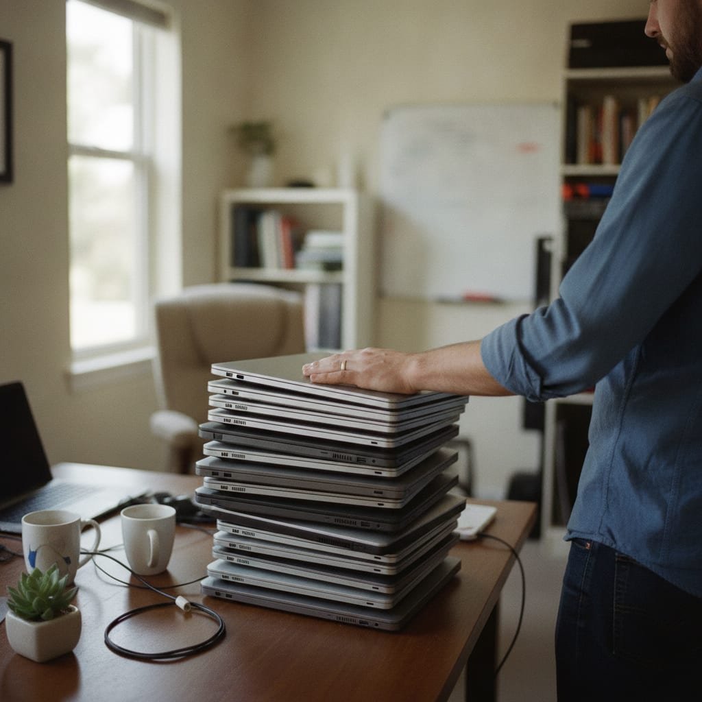 A person resting a hand on a stack of closed laptops on a desk in a small office.