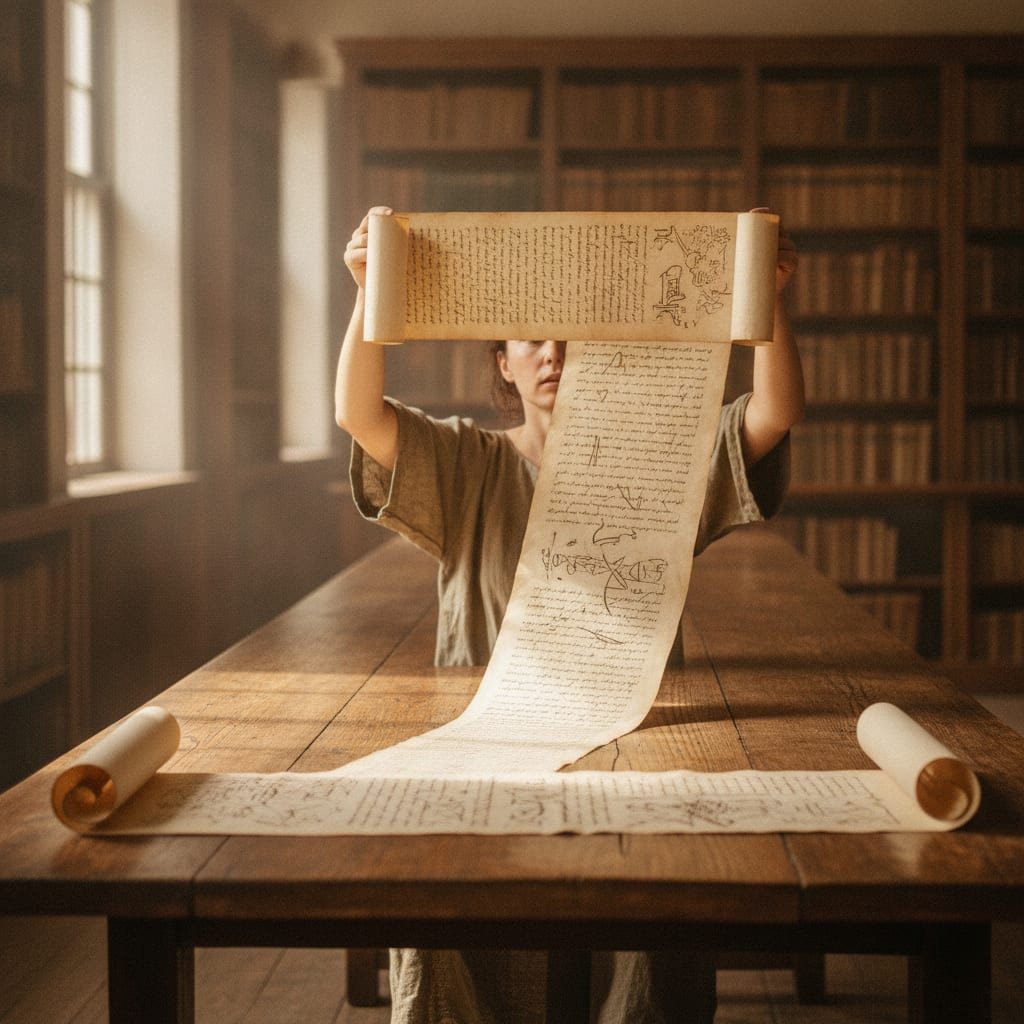 A person unrolls a long scroll of paper across a table to show its full length.
