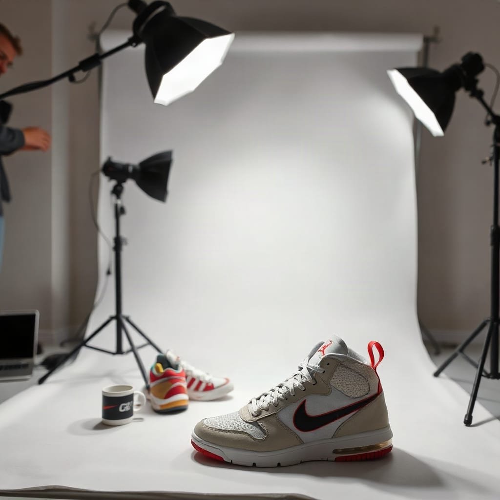 A photographer adjusts a studio light above a pair of sneakers on a white backdrop.
