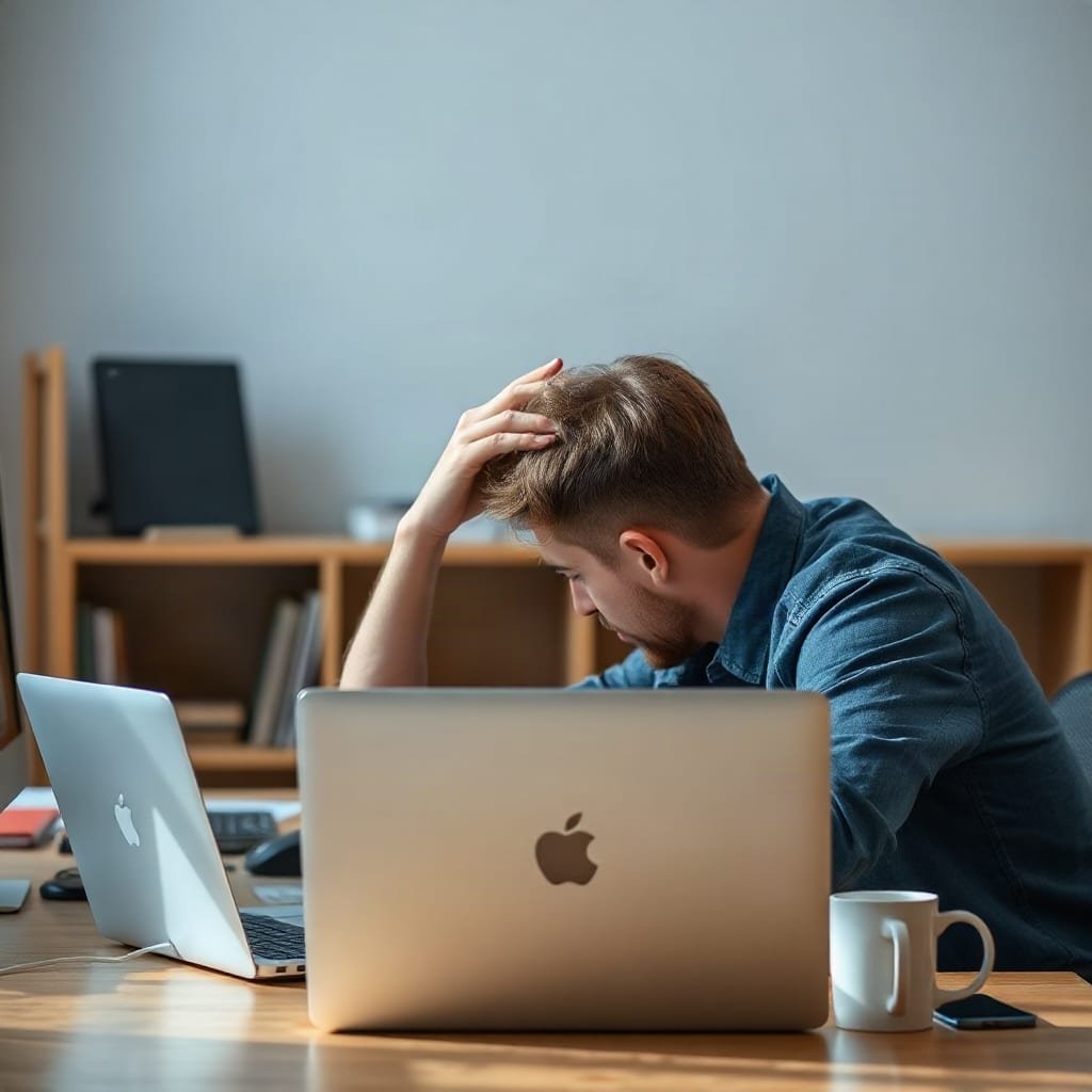 A puzzled web developer with a hand on their forehead, looking at a laptop whose screen faces away from the camera.