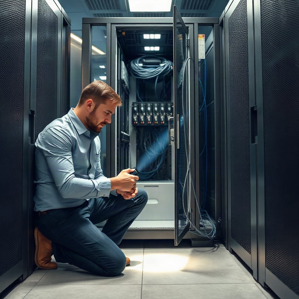 A technician crouching by an open server rack and shining a flashlight on the cables inside.