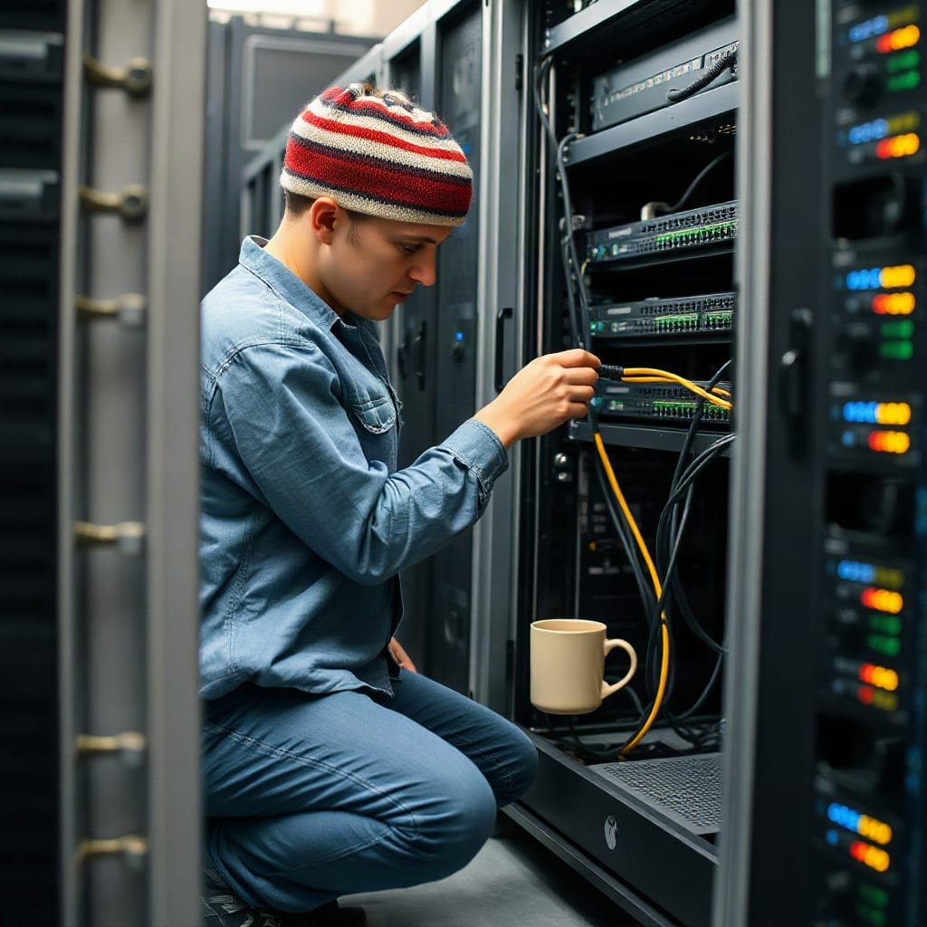 A technician kneels beside a server rack and follows a network cable among small blinking lights.