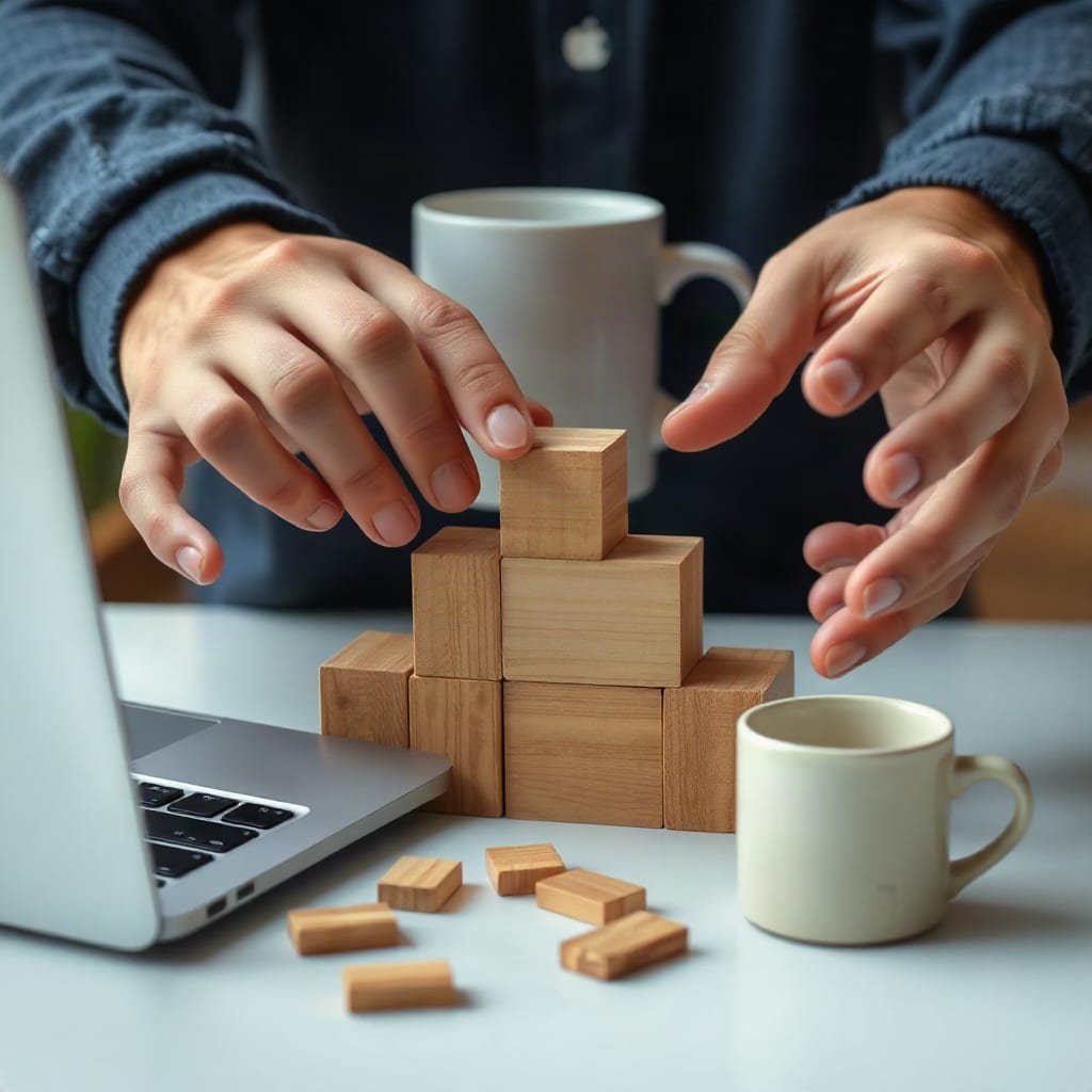 Close-up of hands fitting wooden blocks together on a table.
