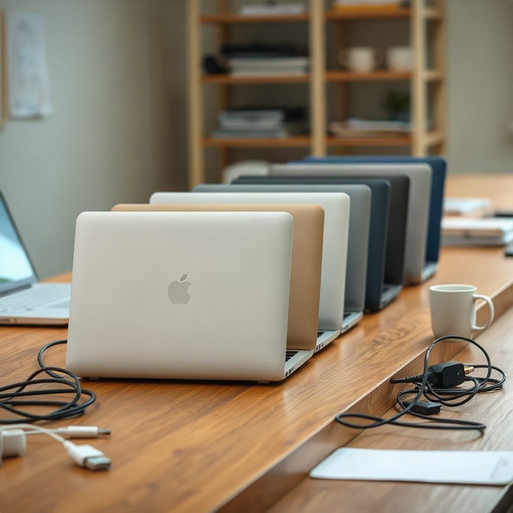 Five closed laptops lined up on a wooden desk, each marked with a colored dot, with charging cables tangled beside them.