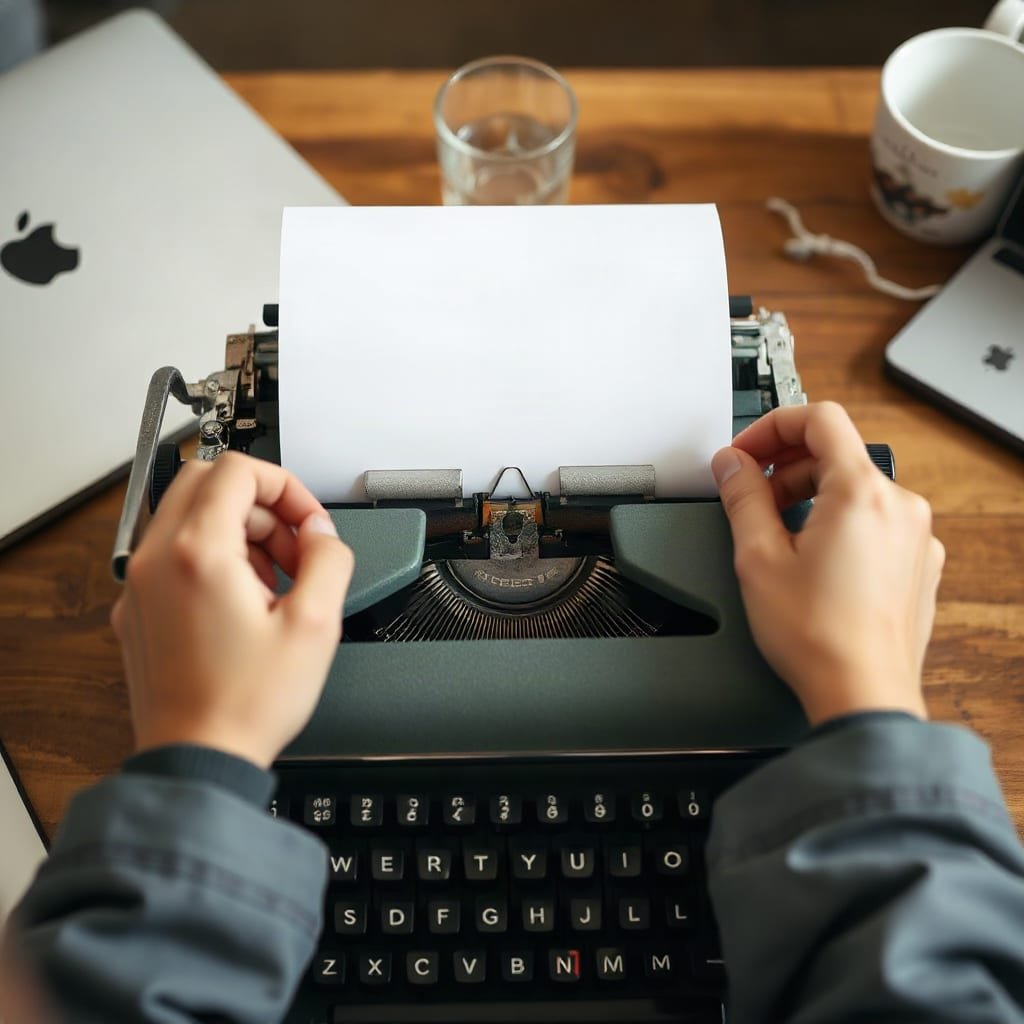 Hands adjusting the paper roller of a vintage typewriter with a blank sheet inserted.