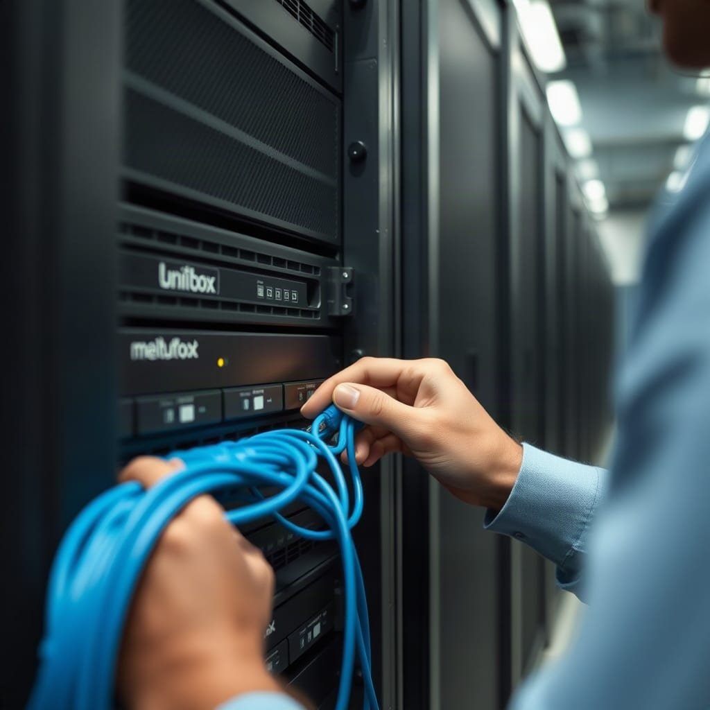 Hands connecting blue network cables to a server in a dark data center rack.