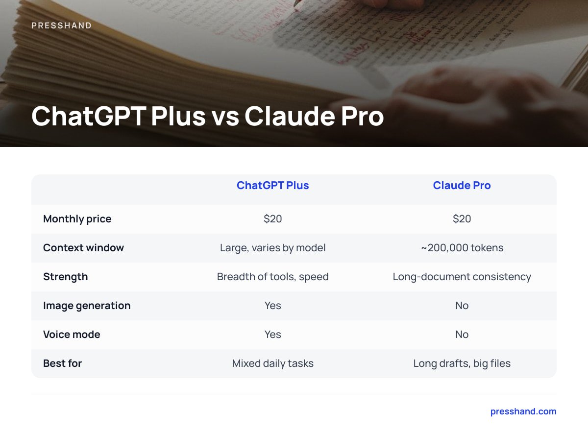 ChatGPT Plus vs Claude Pro: Monthly price: $20 / $20; Context window: Large, varies by model / ~200,000 tokens; Strength: Breadth of tools, speed / Long-document consistency; Image generation: Yes / No; Voice mode: Yes / No; Best for: Mixed daily tasks / Long drafts, big files