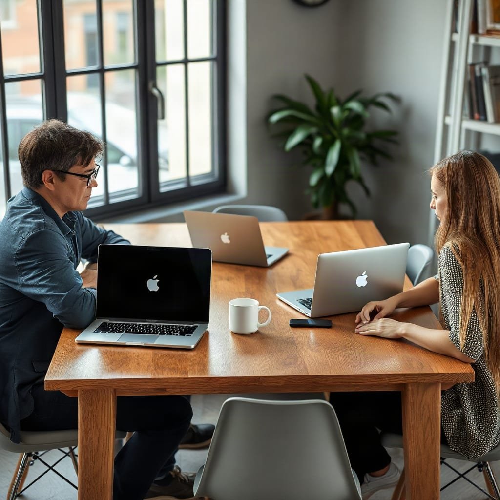 Three colleagues sit at a shared table with laptops, one talking while the other two listen.