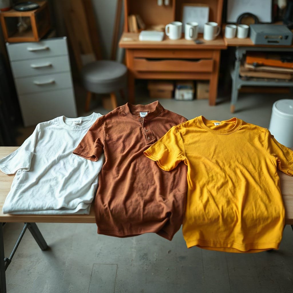 Three cotton t-shirts in different colours and sizes laid side by side on a table.