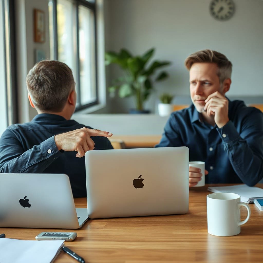 Two colleagues at a shared table, one pointing toward a laptop facing away from the camera while the other nods, holding a coffee cup.