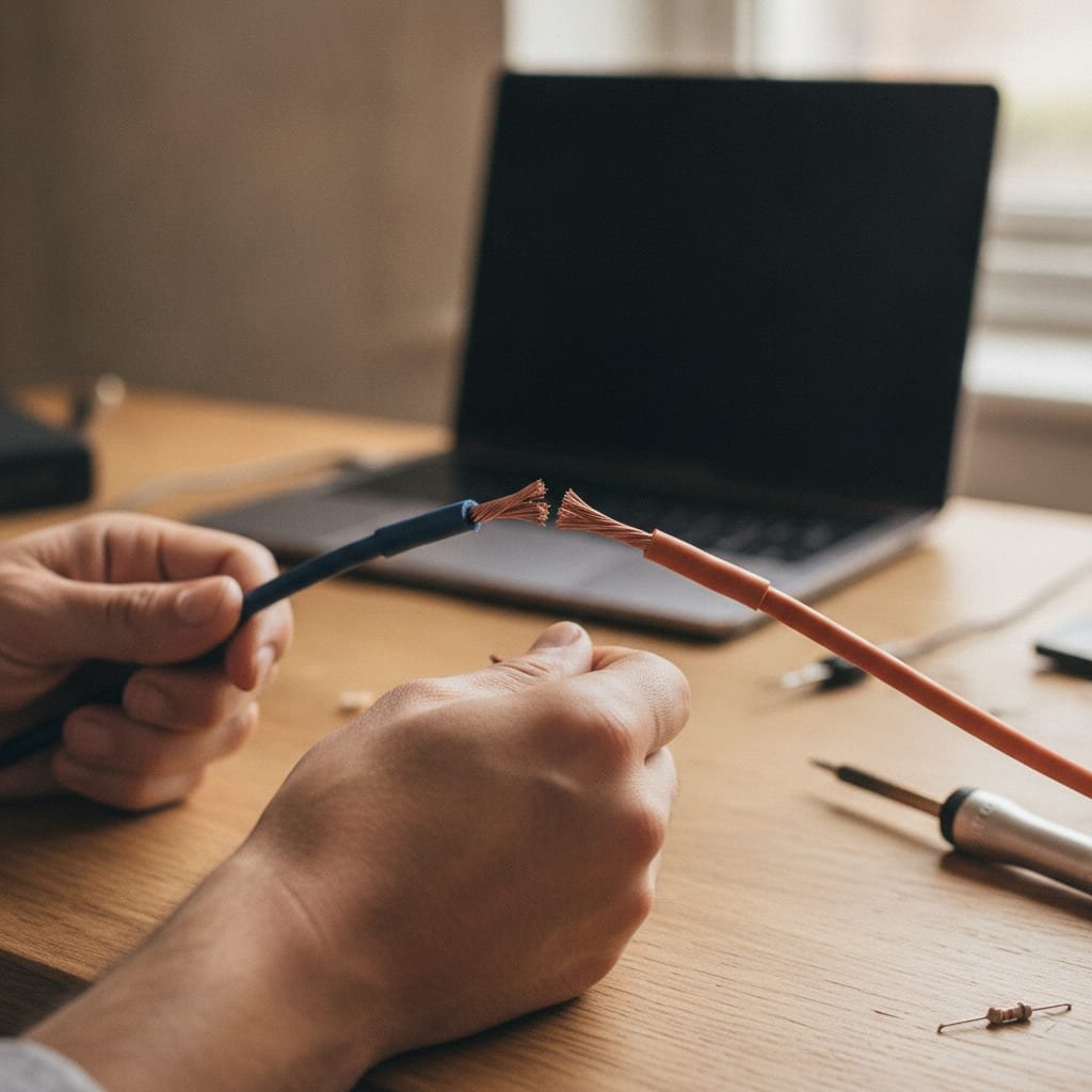 Two hands bring the stripped ends of a blue cable and an orange cable together above a wooden desk, with a closed laptop behind them.